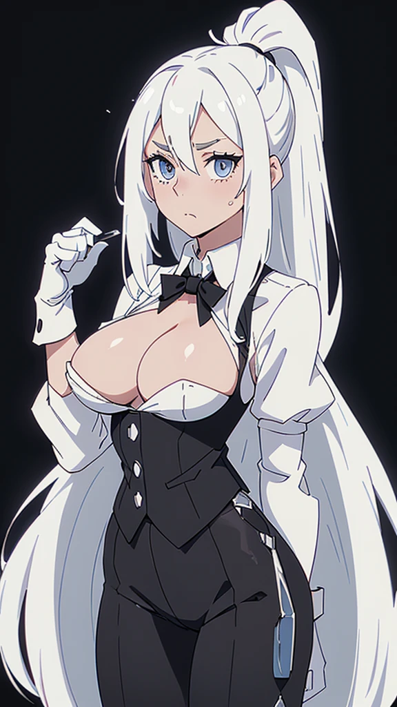 ((White hair)),((Head and Shoulders Image)),(super-long hair),Sexy,A person,Alone,Simple style,pancake ,Simple details,Black background,Empty background,Black background wall,(20 year old woman),(Cotehardie),(White Gloves),Lace Shirt,Waistcoat,((Shy)), NSFW , bare chest, nipples sticking out, without clothes, pumped body 