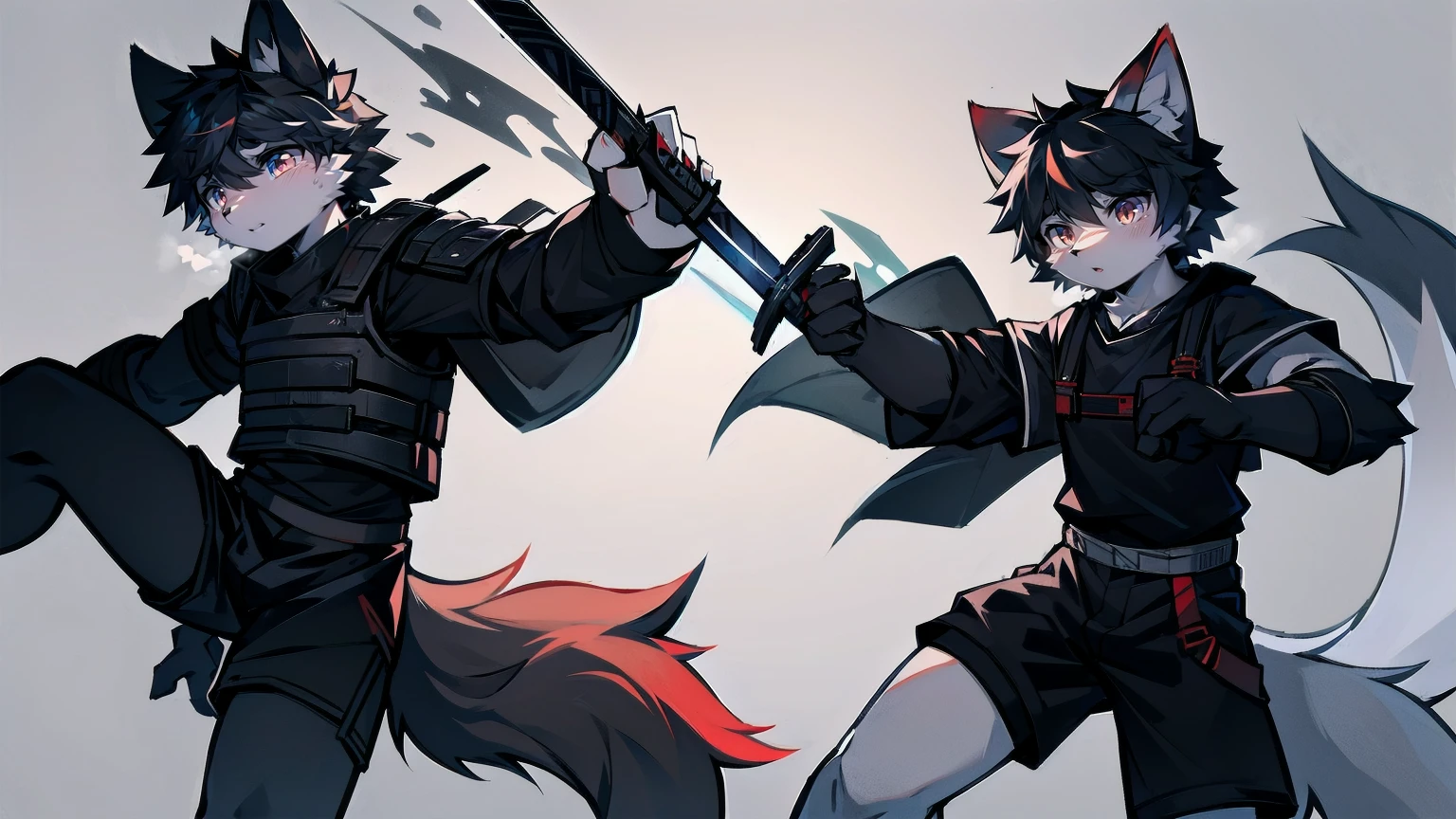 White Wolf，black hair，Red eyes，Wolf ears，Wolf Tail，juvenile，male，hairy，Hair，Half body armor，Combat uniform，Silver and black clothing，Handsome，Handsome，shorts，The forearm is exposed，leg，Fighting Stance，Duel，Two people，Anxious，Armed with a sword，Simple background，Swords