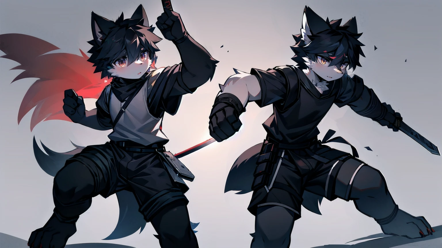White Wolf,black hair,Red eyes,Wolf ears,Wolf Tail,juvenile,male,hairy,Hair,Half body armor,Combat uniform,Silver and black clothing,Handsome,Handsome,shorts,The forearm is exposed,leg,Fighting Stance,Duel,Two people,Anxious,Armed with a sword,Simple background,Swords