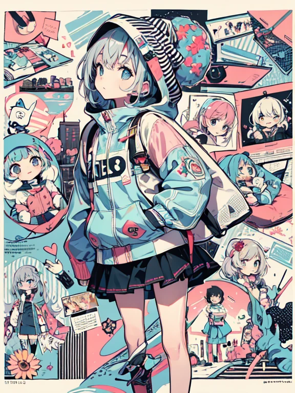 High-quality digital illustration with soft textures and a pastel color palette, featuring an assortment of abstract and representational shapes in the backdrop BREAK A three-quarter angle with a slight overhead perspective, capturing the character looking up and to the side BREAK A young character with greyish hair peeking out from under a hooded jacket adorned with a colorful geometric design, conveying curiosity and innocence BREAK A whimsical, collage-like background composed of various abstract forms and pastel hues, suggesting a playful and imaginative setting.