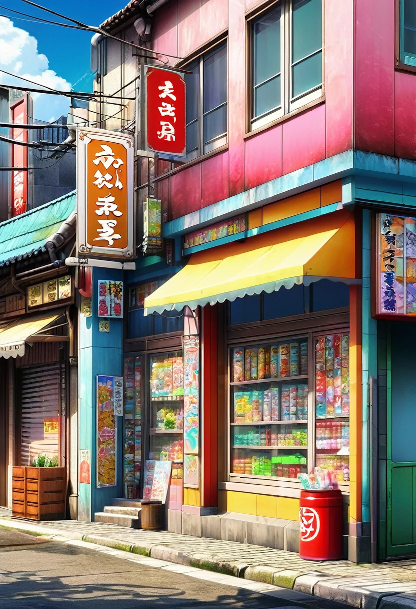 General storefront ,anime style 50%, realistic details 50%, vivid colors, emphasize intricate textures, enhance background details., photo, anime