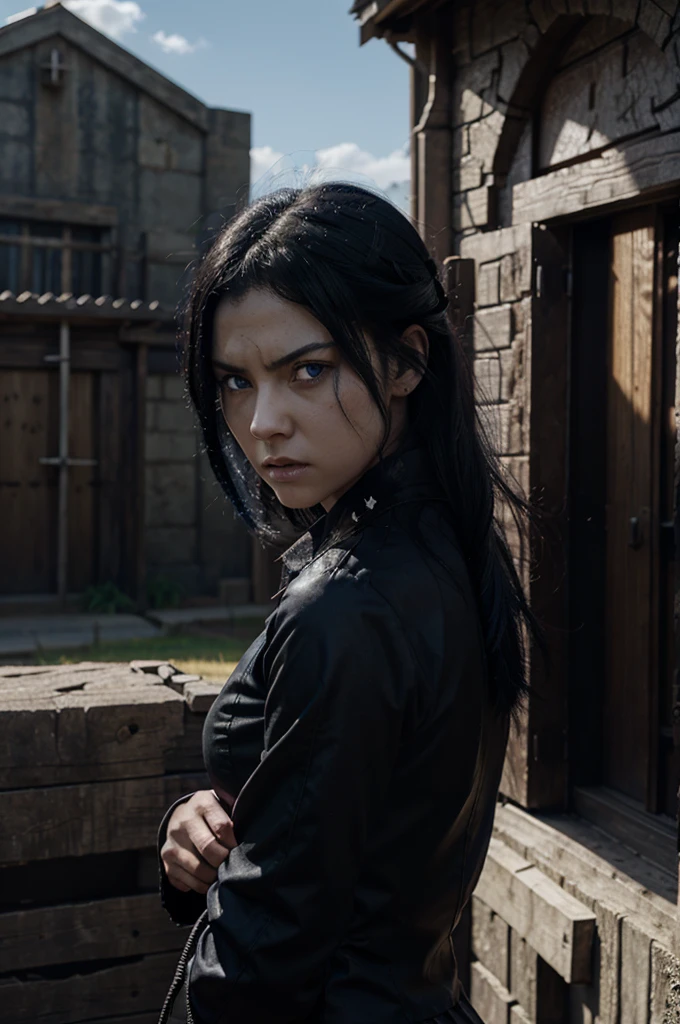 Demon slayer screencap of female character black hair, blue eyes with angry expression with a wound on his head Wearing demon hunter uniform the scenery is beautiful. Ufotable studio season 2