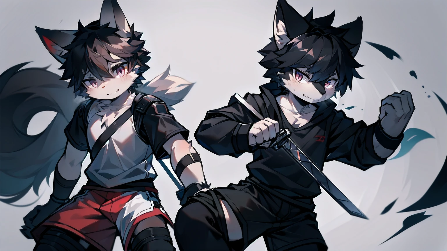 White Wolf，black hair，Red eyes，Wolf ears，Wolf Tail，juvenile，male，hairy，Hair，Half body armor，Combat uniform，Silver and black clothing，Handsome，Handsome，shorts，The forearm is exposed，leg，Fighting Stance，Duel，Two people，Anxious，Armed with a sword，Simple background，Swords