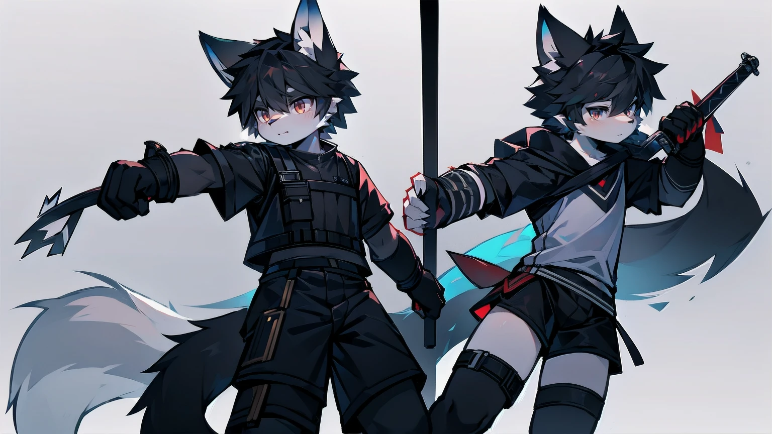 White Wolf，black hair，Red eyes，Wolf ears，Wolf Tail，juvenile，male，hairy，Hair，Half body armor，Combat uniform，Silver and black clothing，Handsome，Handsome，shorts，The forearm is exposed，leg，Fighting Stance，Duel，Two people，Anxious，Armed with a sword，Simple background，Swords