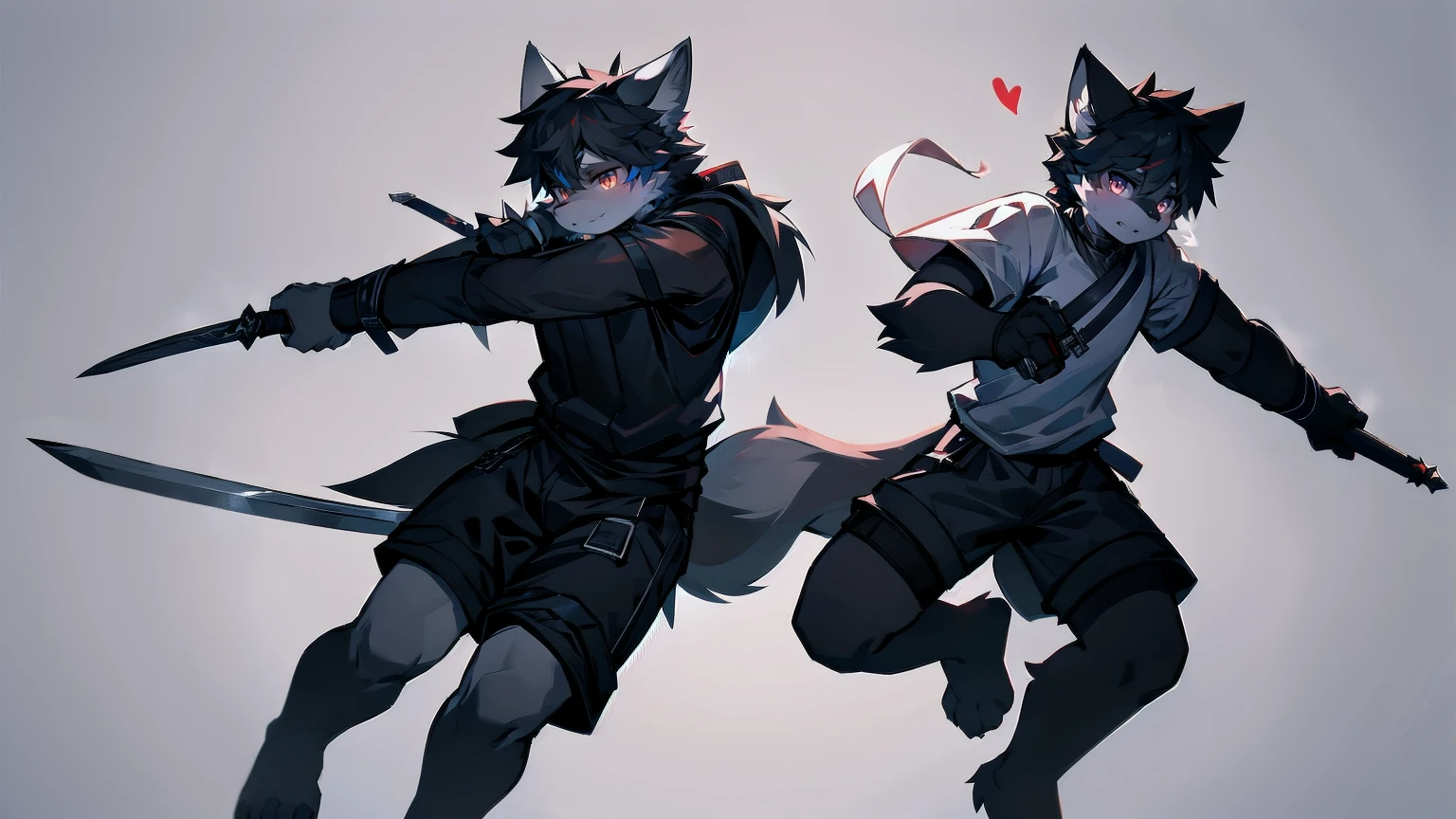 White Wolf，black hair，Red eyes，Wolf ears，Wolf Tail，juvenile，male，hairy，Hair，Half body armor，Combat uniform，Silver and black clothing，Handsome，Handsome，shorts，The forearm is exposed，leg，Fighting Stance，Duel，Two people，Anxious，Armed with a sword，Simple background，Swords