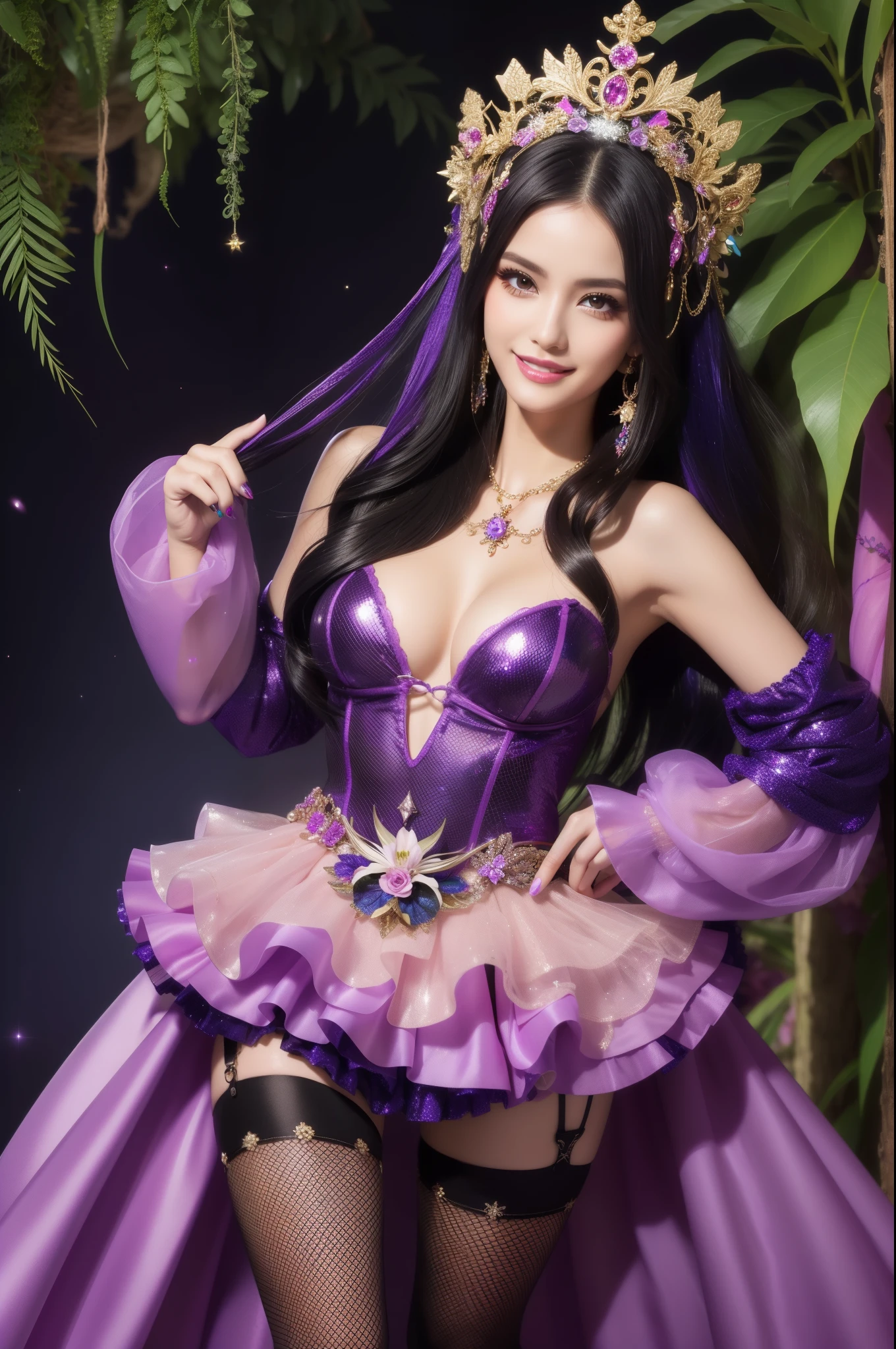 sexy Spanish model who controls poison、beautiful smile、lip-gloss、long lashes、intense makeup、look at the camera、full body Esbian、、sparkling poisoned flower costume、、、、shiny sparkling multicolor hair、secrete poison、skull hair accessories、fishnet tights、shiny sparkling dark magic forest background
