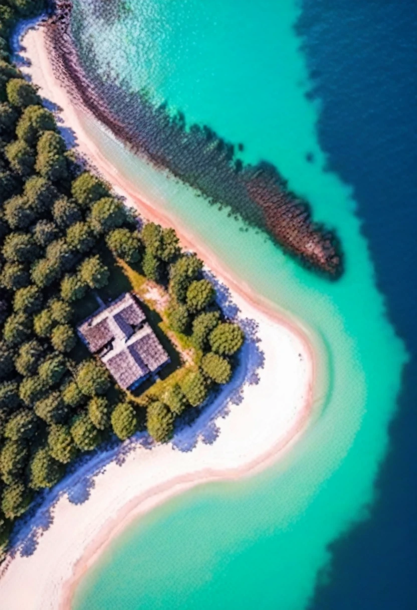 Deserted island, old village on the beach, overhead photography