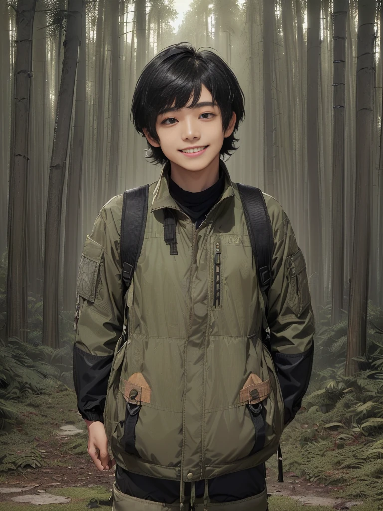 (((Masterpiece))), (high quality), one Japanese boy, 18 years old,(tall and thin,sleepy droopy eyes, long face, (thin cheeks:1.2),(black shaggy short hair,blank expression,smile:1.5),(khaki outdoor jacket,Olive cargo pants,Black trekking shoes,Black Rucksack,Full body portrait:1.5),(The background is the forest:1.5),
