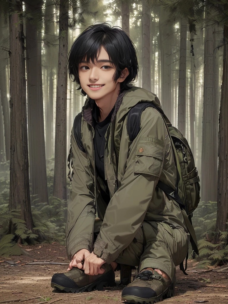 (((Masterpiece))), (high quality), one Japanese boy, 18 years old,(tall and thin,sleepy droopy eyes, long face, (thin cheeks:1.2),(black shaggy short hair,blank expression,smile:1.5),(khaki outdoor jacket,Olive cargo pants,Black trekking shoes,Black Rucksack,Full body portrait:1.5),(The background is the forest:1.5),