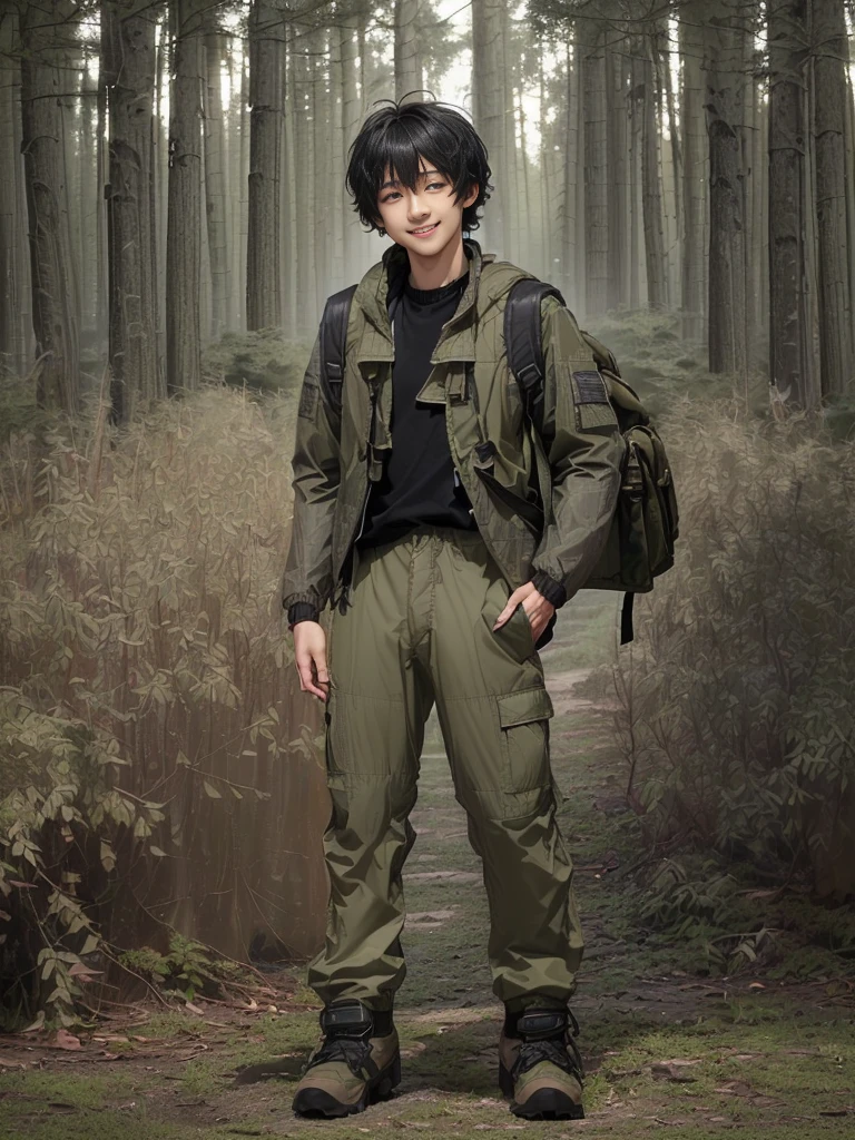 (((Masterpiece))), (high quality), one Japanese boy, 18 years old,(tall and thin,sleepy droopy eyes, long face, (thin cheeks:1.2),(black shaggy short hair,blank expression,smile:1.5),(khaki outdoor jacket,Olive cargo pants,Black trekking shoes,Black Rucksack,Full body portrait:1.5),(The background is the forest:1.5),