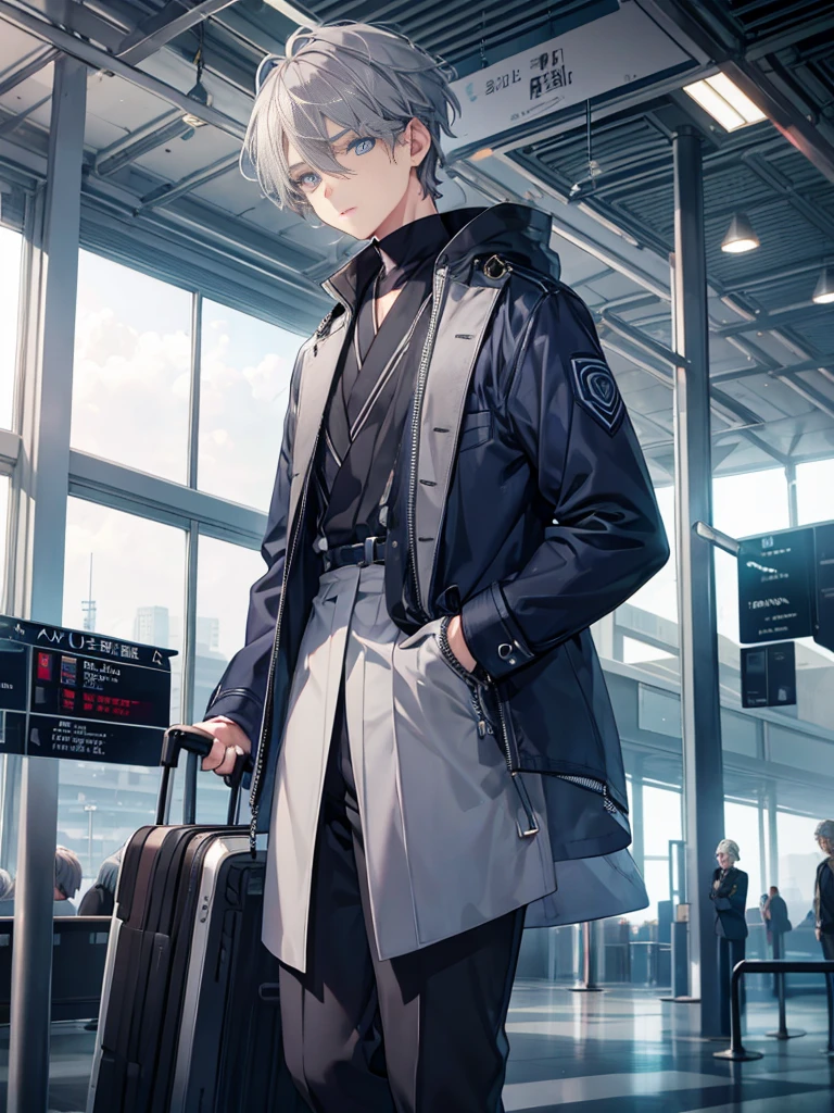 1boy, ((grey hair)), beautiful boy, ((indigo color eyes)), idol costume, airport