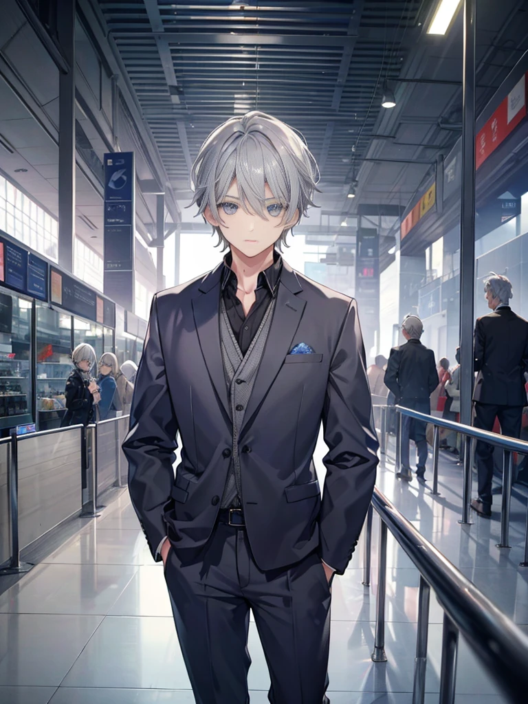 1boy, ((grey hair)), beautiful boy, ((indigo color eyes)), idol costume, airport