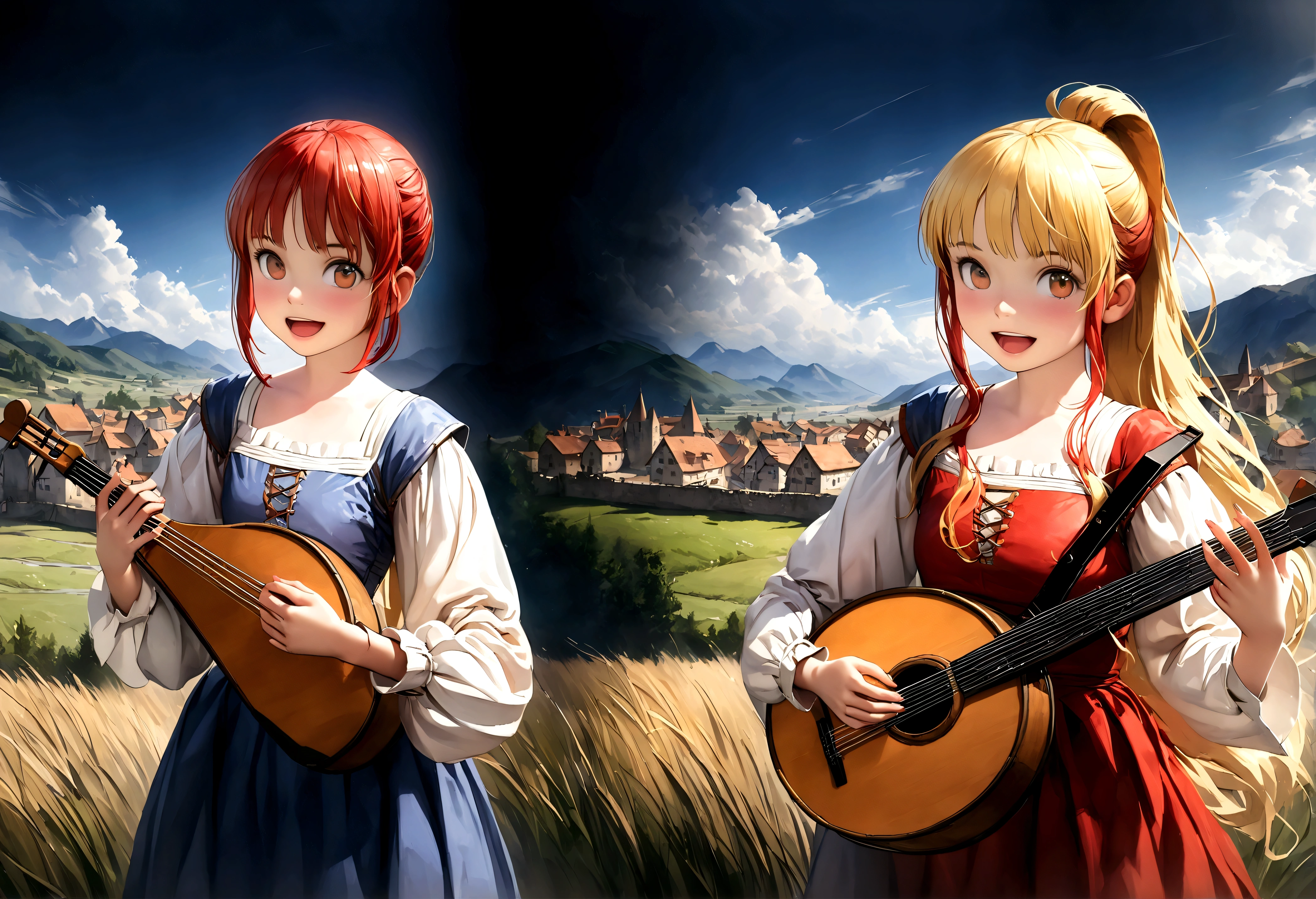 (((Top quality, 4k, 8k, high resolution, masterpiece: 1.2))), (super detailed), (realistic), (photorealistic), (photorealistic: 1.37), (HDR, UHD), (studio (lighting)), ultra-fine drawing, sharp focus, physically based rendering, highly detailed, professional, vibrant colors, perfect ditaile hand, highly detailed realistic eyes, girl, one girl, multiple girls, A lot of girls, smile, open mouth, close mouth, short hair, medium hair, medium length, long hair, ponytail, red hair, blue hair, blonde hair, green hair, pink hair, medieval European clothing, Citizen's Clothing from Medieval Europe, miniskirt, mid-length skirt, long skirt, chinos pants, (((playing the lute))), (((playing the drums))), Medieval European town, Countryside, Medieval European rural village, Rural grassland, Mountain view, Rural river, Irrigation canal, anime, cartoon, kawaii, qute, (((Long shot, Panorama, Distant view, Vast landscape))), knees, feet, looking at viewer,