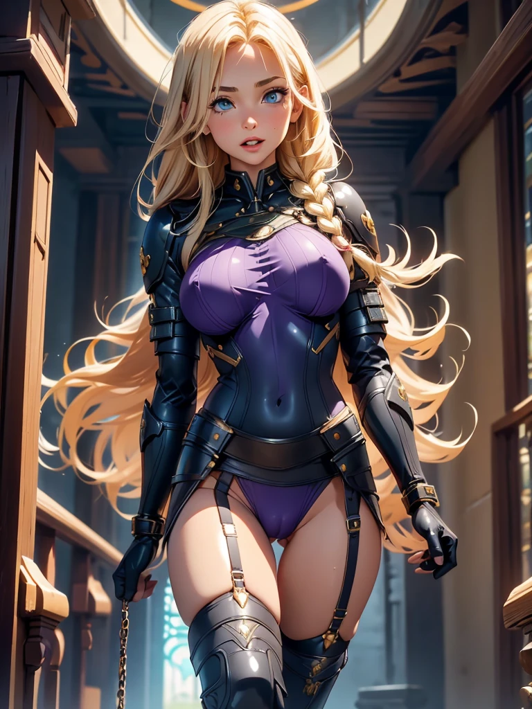 nsfw,panty shot,Master piece,best quality,ultra-detailed,valkyrie,very long hair,blonde hair,(1 girl),beautiful girl,beautiful mature face, ((cameltoe)),garter belt,seductive young woman,female focus,beautiful breasts,full body,(perfect body),standing, ((red and purple cyber suit)),miniskirt,((see through)),underboob, (blonde single braid),big bright green eyes, glowing eyes, (beautiful detailed eyes), cute,cool,pale skin,lips, (holding ornate longsword),fantasy cathedral, seductive and confident smile,(aroused),black Choker with chains,sweat,stand,open legs,fighting stance,open mouth,blending sci-fi and fantasy elements,(hair, realistic:1）