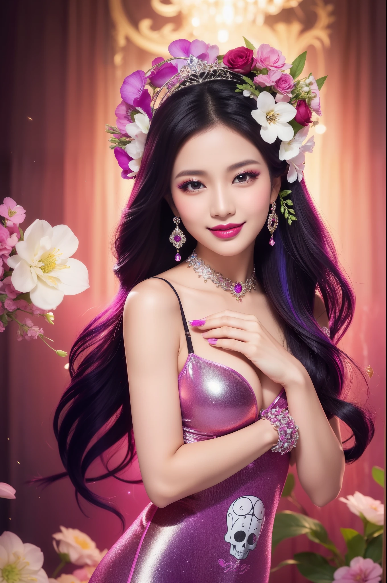 sexy Thai model who controls poison、beautiful smile、lip-gloss、bold lipstick、intense makeup、look at the camera、full body Esbian、、sparkling poisoned flower costume、、、、sparkling Colorful hair、secrete poison、skull hair accessories、sexy tights、shiny sparkling flowers background