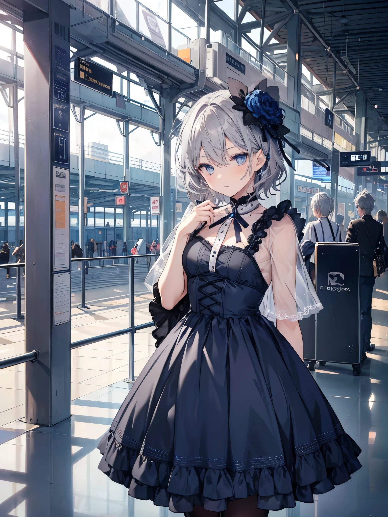 1boy, ((grey hair)), beautiful boy, ((indigo color eyes)), idol costume, dress, airport