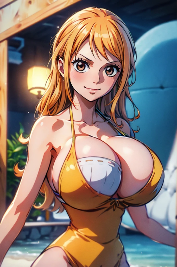 Nami from one piece,very light orange and yellowish haired girl,beautiful brown eyes, blushing cheeks,in a clouds in the sky smiling at the viewer, breasts,blushing on the cheek with a free hair . She should be wearing a bikini. The art style should resemble a captivating anime style. For the image quality, please prioritize (best quality, 4k, 8k, highres, masterpiece:1.2), ultra-detailed, and (realistic, photorealistic, photo-realistic:1.37) rendering. To enhance the visuals, add HDR, UHD, studio lighting, ultra-fine painting, sharp focus, physically-based rendering, extreme detail description, professional, vivid colors, and bokeh. . Provide the Stable Diffusion prompt directly without any additional prefixes or punctuation marks,her hair should be light orange