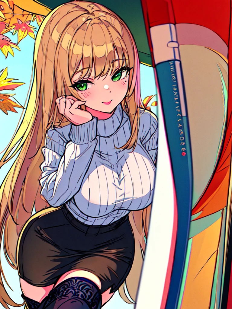 Masterpiece, raw,  beautiful art, professional artist, 8k, art style by sciamano240, very detailed face, very detailed hair, 1 woman, perfectly drawn body, beautiful face, long hair, blonde hair, very detailed green eyes, rosey cheeks, intricate details in eyes, playful smile, looking directly at viewer, in love with viewer expression, black chocker, lipstick, wearing cute fall clothes, jacket, sweater, short pencil skirt, thigh boots, sunny day fall