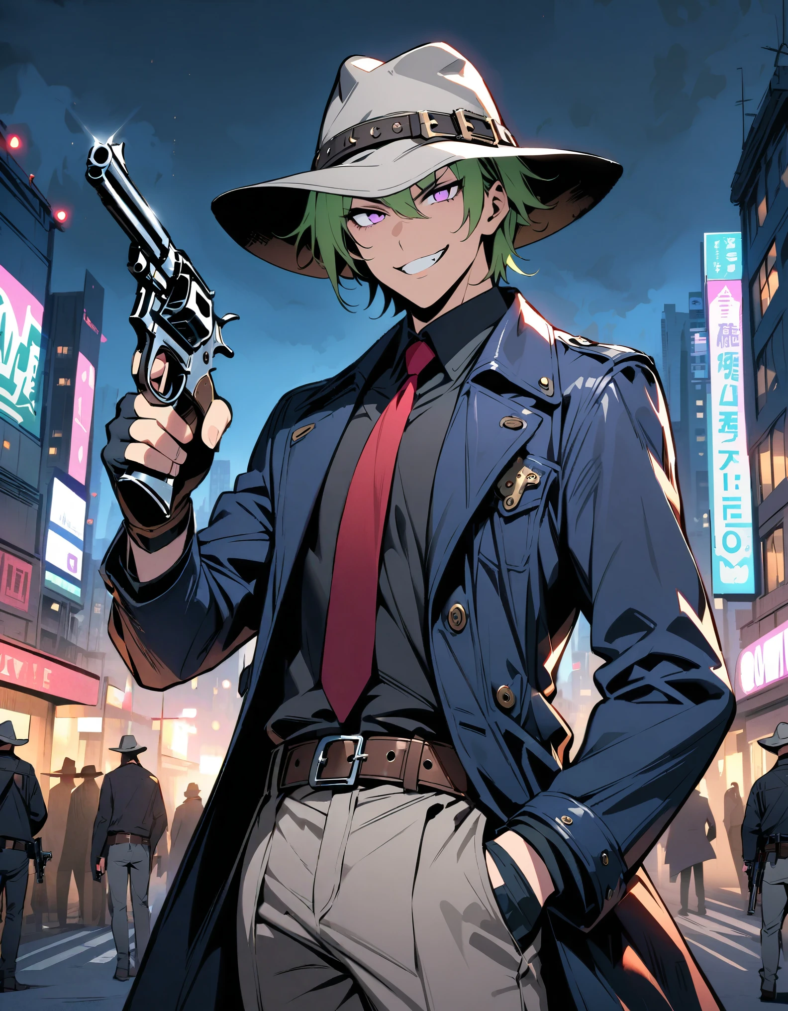 (masterpiece), (best quality), (hires), pulp comic character design, solo, solo focus, 1 young green-haired man, 1man, purple eyes, full body shot, crazed cowboy mercenary on modern setting, city backdrop, (police helicopter), nighttime, cowboy shot, (grey hat, black shirt, black, necktie, long dark blue coat, fingerless gloves), (grey pants, belt buckle, shoes), deranged look, evil grin, looking at viewer (holding gun, dual weld, revolver, finger on trigger), spaghetti western atmosphere