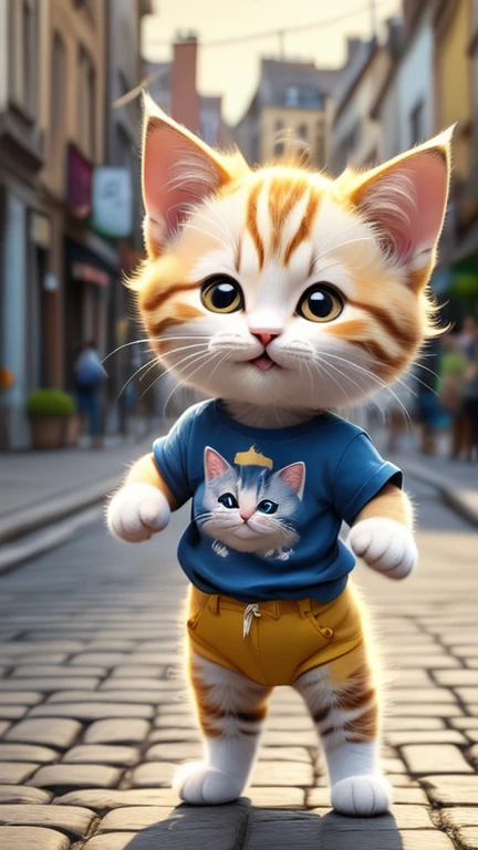 masterpiece,Highest quality,animal,a bit,cute,No humans,kitten,Minuet,T-shirt and denim outfit,Standing on hind legs,Street background