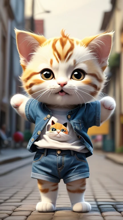 masterpiece,Highest quality,animal,a bit,cute,No humans,kitten,Minuet,T-shirt and denim outfit,Standing on hind legs,Street background