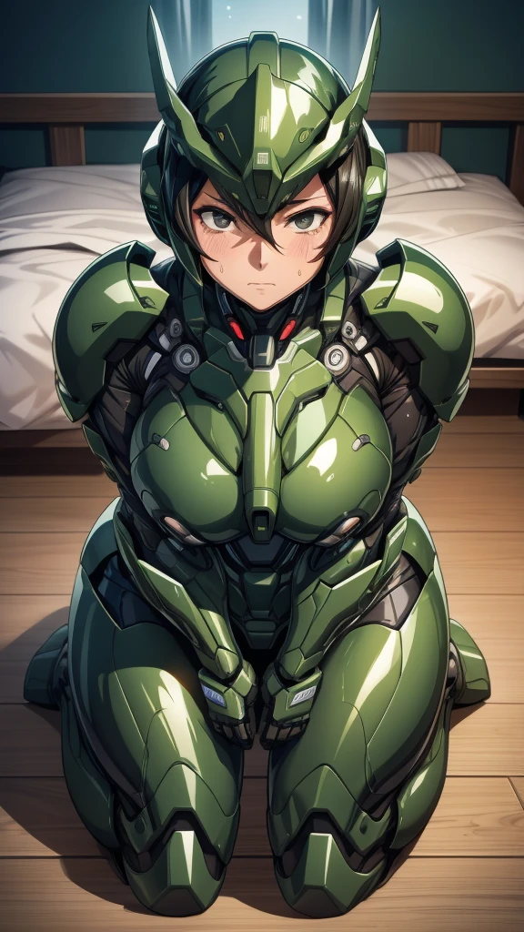 最high quality非常に詳細, Advanced Details, high quality, 最high quality, High resolution, 1080P, hard disk, beautiful,(War Machine),(Snug-fitting headgear),See the big picture,beautifulサイボーグ女性,Dark Green Mecha Cyborg Girl,Battle Mode,Mecha Body Girl 8k dark green body armor ((Japanese middle-aged women)) Sweaty face Sweaty hair Brown eyes Droopy eyes short hair boyish Steam coming out of my head My hair is wet with sweat Black Hair, Steam coming out of the mouth Lying in bed The skin under the face is not exposed waiting (On all fours) asphyxia (Painful expression) Full body portrait