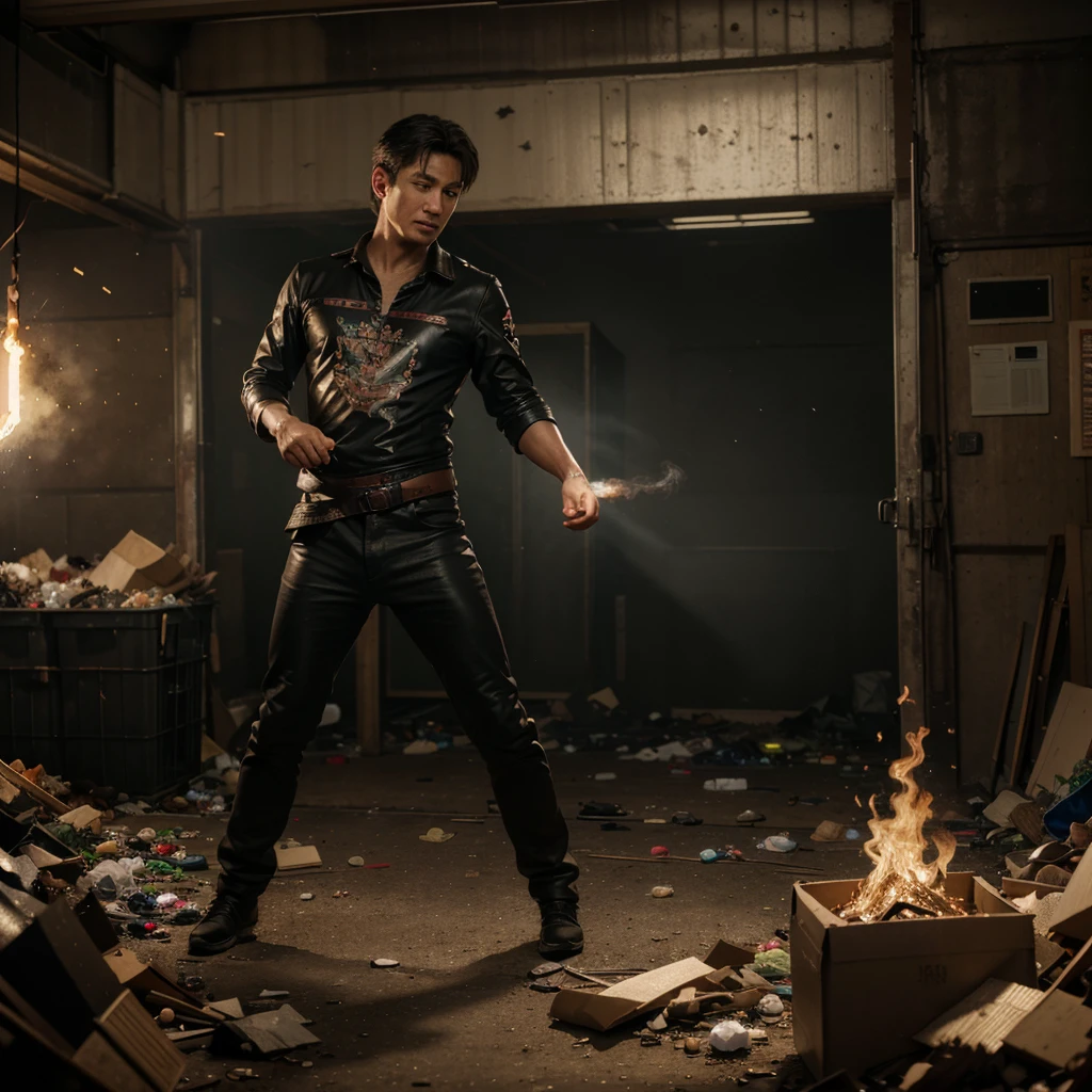 ภาพrealistic, realistic, realistic background, Masterpiece, best quality, very detailed, วอลล์เปเปอร์ CG unity 8k ที่very detailed, best quality, raw image, Cinema-grade lighting, Garbage background, one man, perfect anatomy, full body, Pogo rising from hell, Fighting posture, black smoke aura