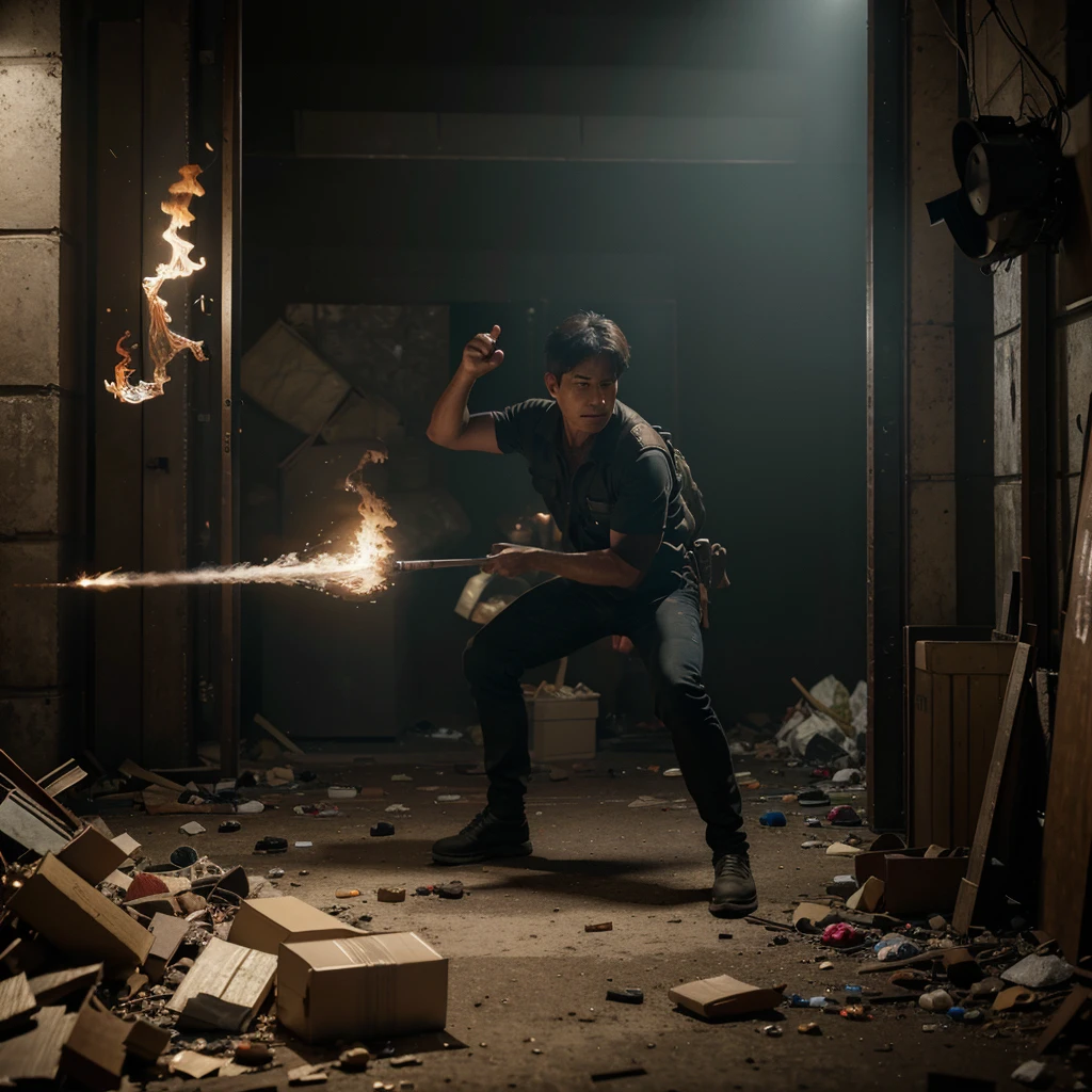 ภาพrealistic, realistic, realistic background, Masterpiece, best quality, very detailed, วอลล์เปเปอร์ CG unity 8k ที่very detailed, best quality, raw image, Cinema-grade lighting, Garbage background, one man, perfect anatomy, full body, Pogo rising from hell, Fighting posture, black smoke aura