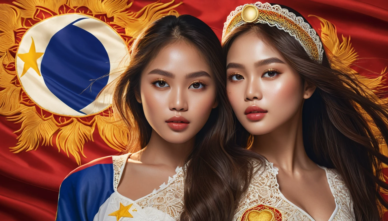 a detailed illustration of a Philippine flag, a heart shape, sun and moon, an eclipse, a beautiful detailed girl with flawless skin, long hair, detailed eyes, nose, and lips, elegant pose, detailed dress, delicate lace and embroidery, shimmering golden accents, intricate patterns, warm lighting, vibrant colors, cinematic composition, photorealistic quality, digital art