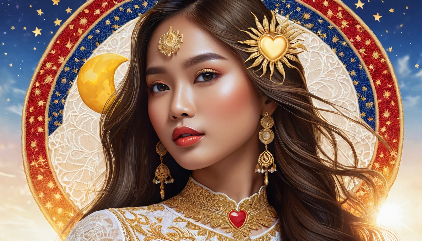 a detailed illustration of a Philippine flag, a heart shape, sun and moon, an eclipse, a beautiful detailed girl with flawless skin, long hair, detailed eyes, nose, and lips, elegant pose, detailed dress, delicate lace and embroidery, shimmering golden accents, intricate patterns, warm lighting, vibrant colors, cinematic composition, photorealistic quality, digital art