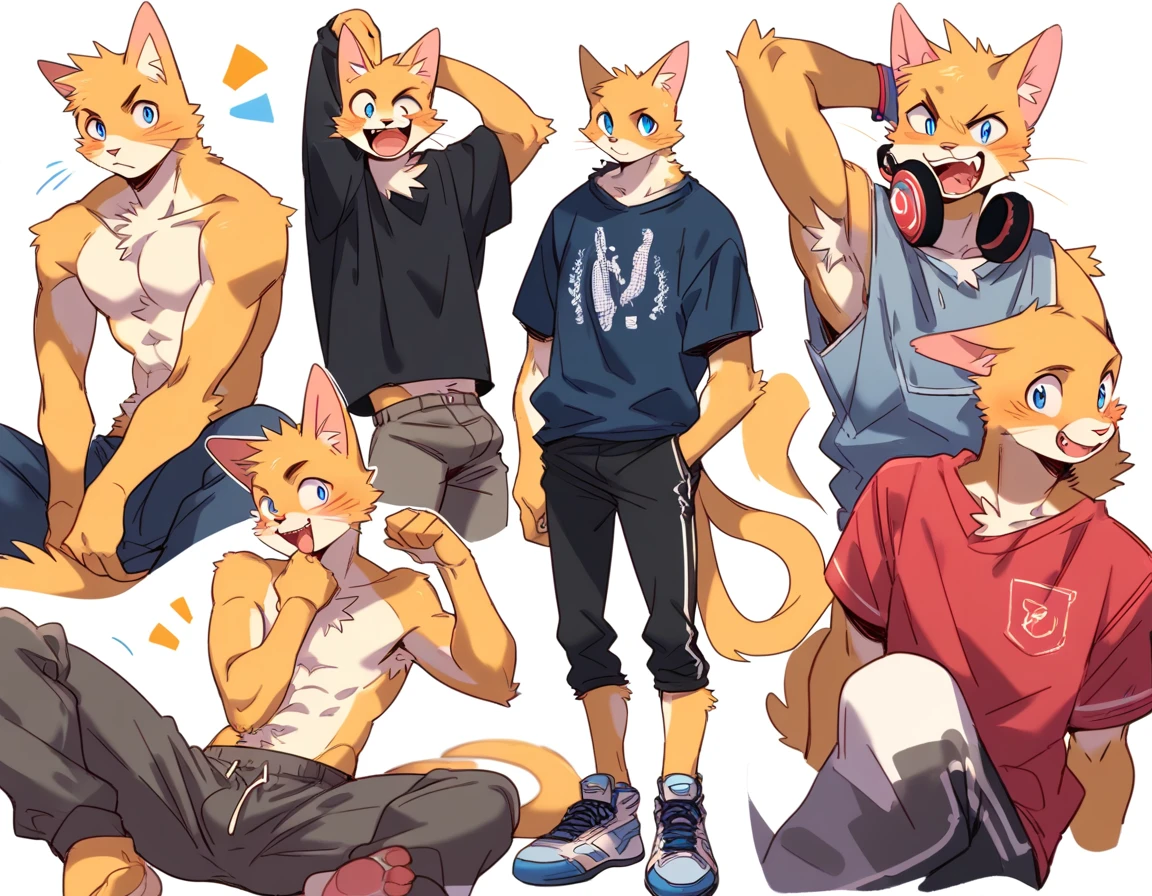 score_9, score_8_up, score_7_up, male, furry, high quality, hires, anthro, teenager, , domestic cat, basketball player, bright yellow fur, blue eyes, wide brown eyebrows, confidant expression, humanoid feet, slim body, prominent v-line, prominent abs, prominent legs, prominent forearm, prominent knees, white background, treasure trail, armpit hair, furry legs, in various sexy poses, headphones, casual clothes, joggers, black shirt, shorts, sitting, showing off, folded arms