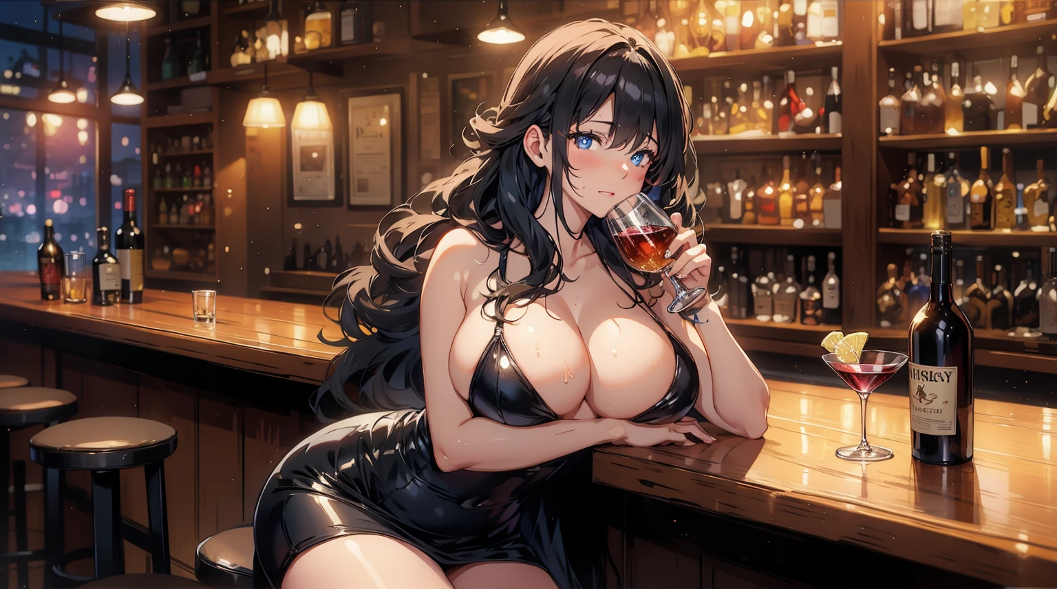 best quality, 4K, high resolution, masterpiece:1.2, Extremely detailed），Sad expression looking at the camera，Large Breasts,30 years old girl,独奏,black hair,long hair,blue eyes,(drunk,blush),sitting,drinking,((Mature sexy body))，Black stockings，Black tight skirt, Mature sexy body,holding mug,counter,pub,(Fashion bar) indoors, ((Cocktail Glass) Full of colorful wine), (dimly light room), Wine Bottle, Detailed background，Fluffy hair，((((Night scene background))))), (((at the bar))), wine, whiskey, High ball,(Shiny and glowing, Effect:1.2)