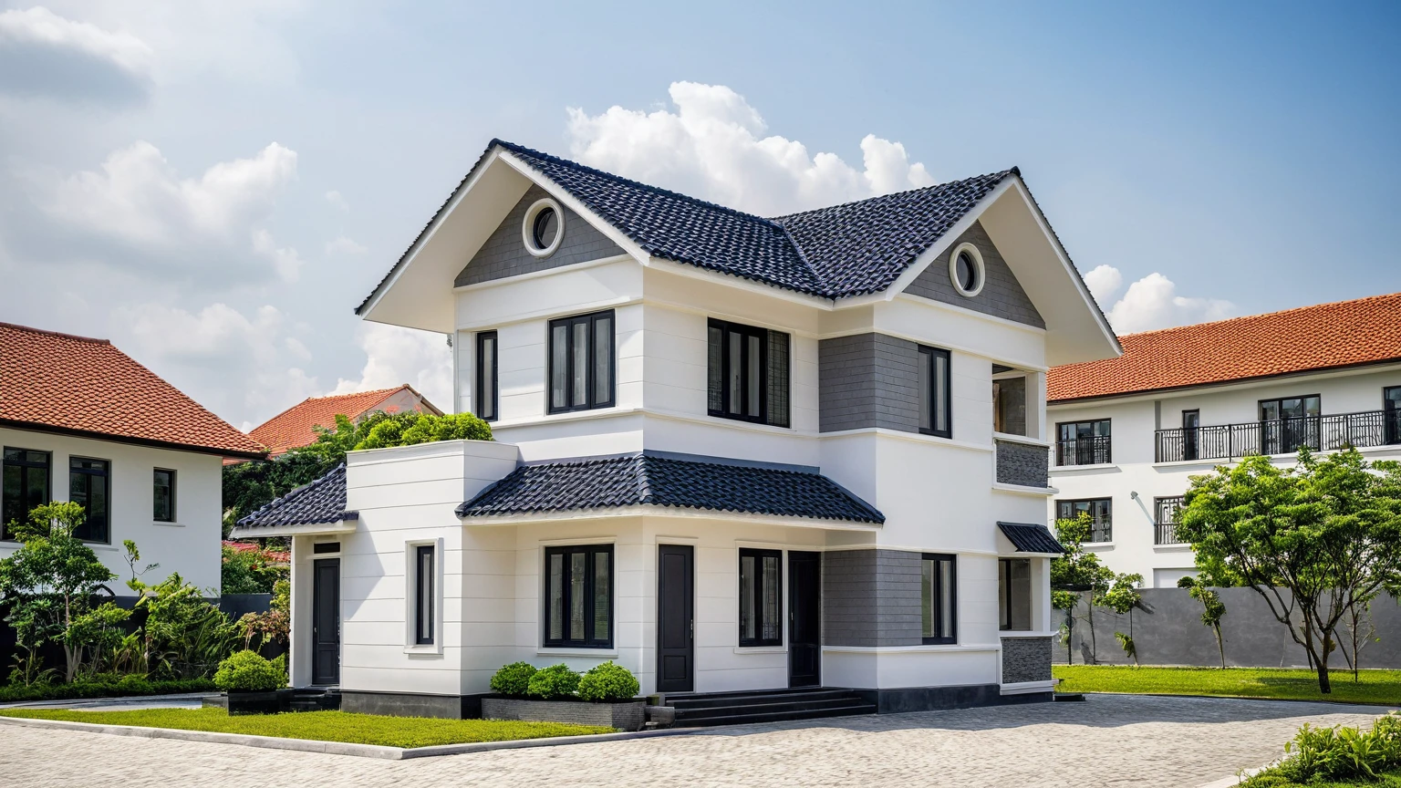 (masterpiece:1.2), best quality, photo of A two-story modern house in VietNam with white walls and dark tiles on the roof., tree and plant environment,daylight, streetcapes, natural light, vivid color, The exterior of an elegant single family home features large windows, a dark gray door frame.