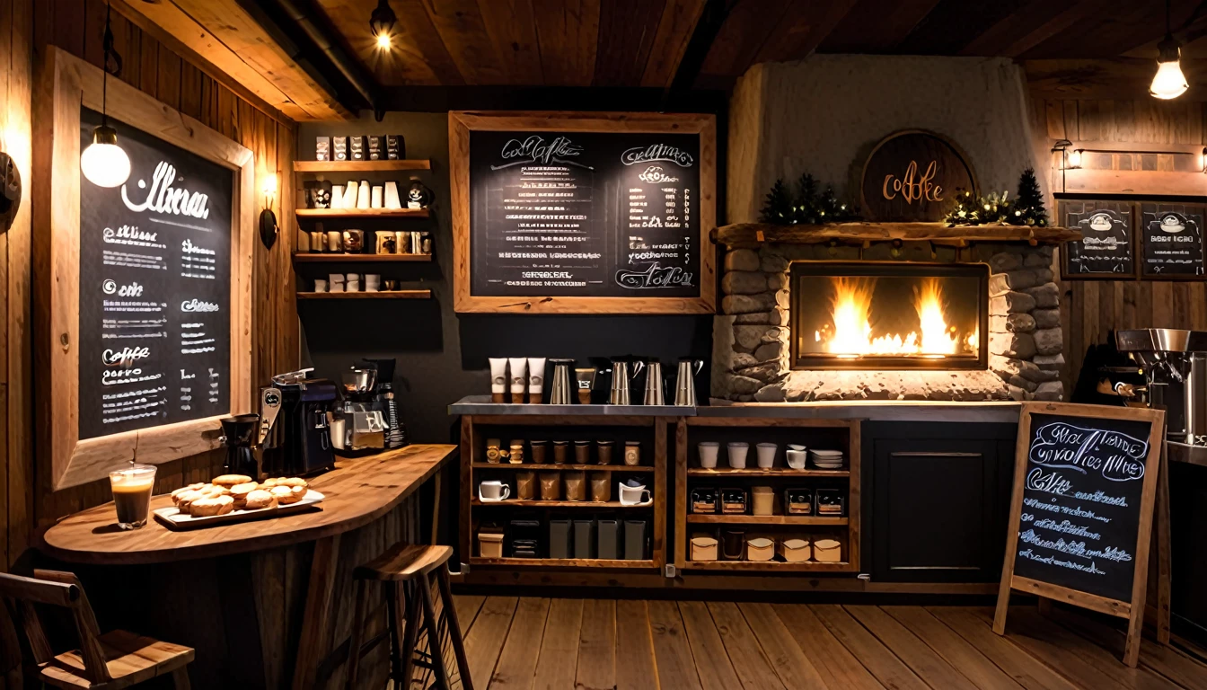 Create an image of a cozy coffee shoop with rustic interior with a roaring fireplace,one chalk board coffee menu,one barista table with barista tool on the barista table,food and coffe cup on the guest table,with and large windows offering a stunning view of a village at night. and be filled with warm lighting to contrast the cold, twinkling lights outside.
