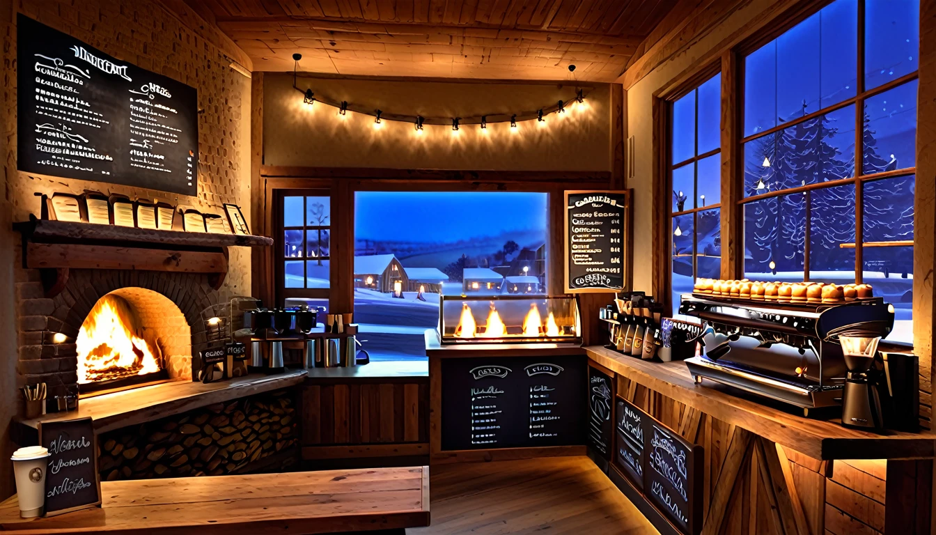 Create an image of a cozy coffee shoop with rustic interior with a roaring fireplace,one chalk board coffee menu,one barista table with barista tool on the barista table,food and coffe cup on the guest table,with and large windows offering a stunning view of a village at night. and be filled with warm lighting to contrast the cold, twinkling lights outside.
