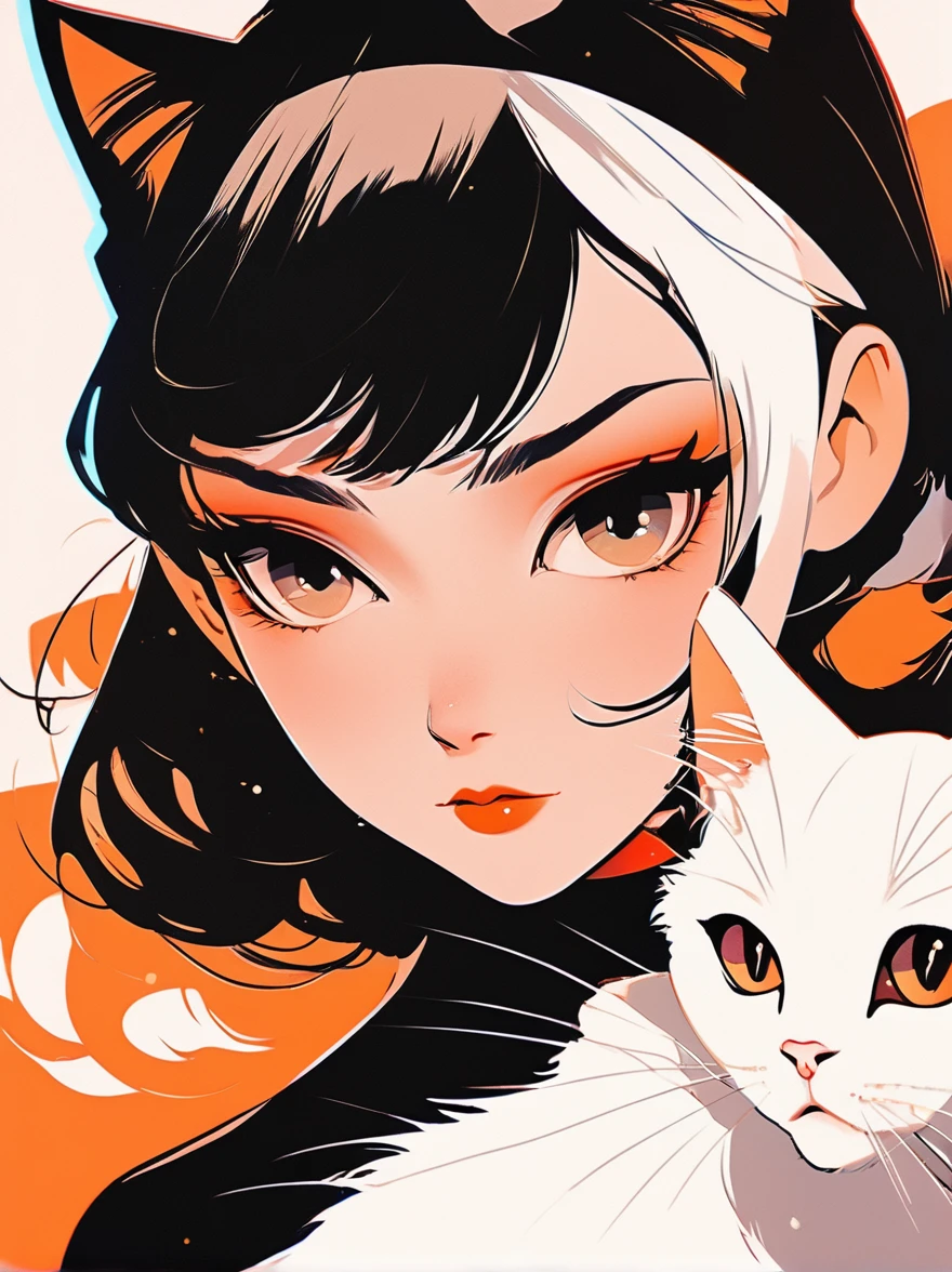 Anime girl with white cat on orange background, Goth Cat Girl Portrait, Catwoman, Anime-style illustrations, Anime style 4K, Anime style portrait, Ilya Kuvshinov's sty. 4K, Catwoman, Artyom and Ilya Kuvshinov, Emo girl and her , Beautiful anime cat girl, Anime Style, Anime Style. 8K