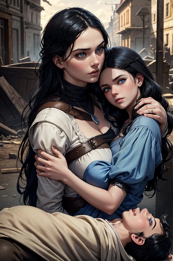 Newly giving birth woman lying down holding her in her arms, woman Black hair, blue eyes, Baby, blue eyes, black hair. Destroyed town background, The Witcher.