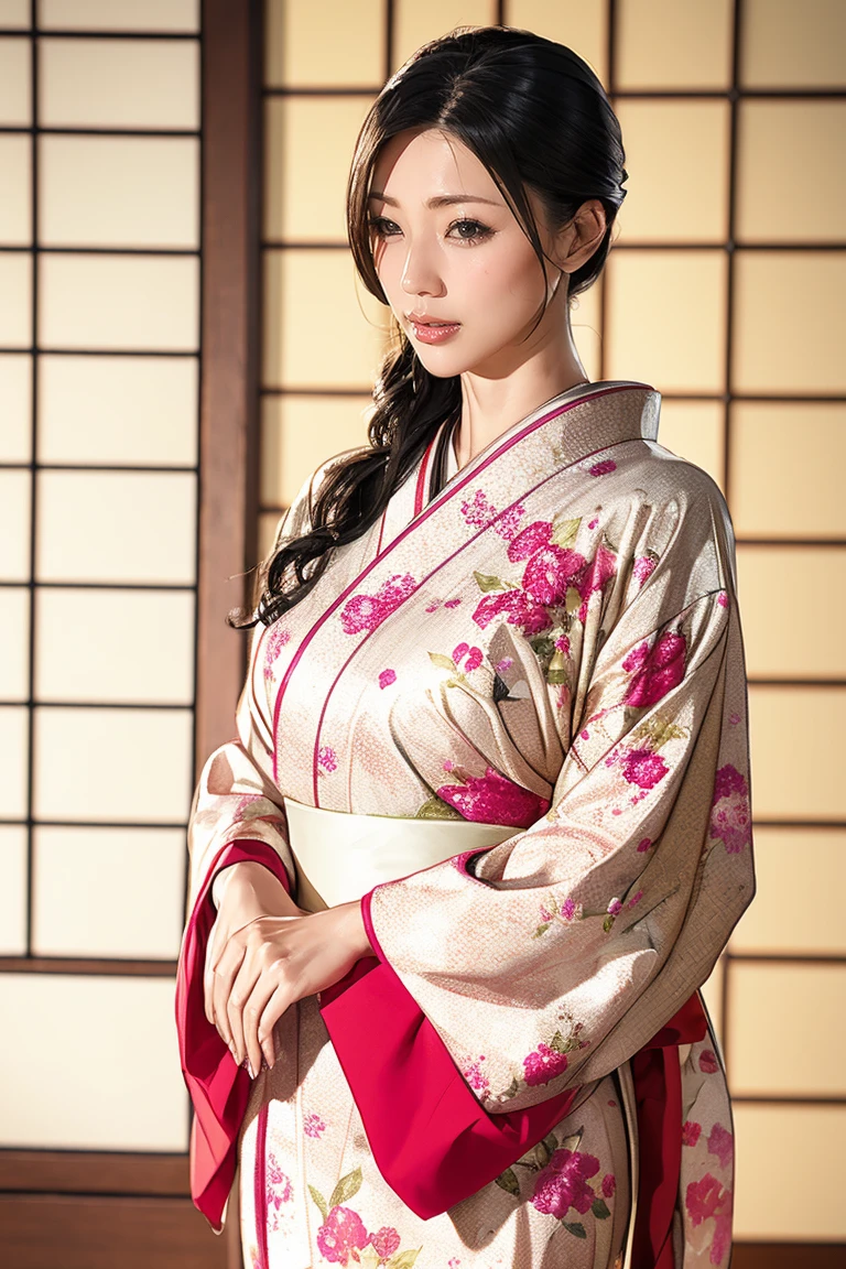 (Highest quality、Tabletop、8K、Best image quality、Award-winning works)、(1 Beautiful Mature Woman:1.1)、(Innkeeper:1.1)、(Elegant floral kimono:1.2)、(A kimono with a perfect and accurate collar:1.2)、Perfect Mature Woman Portrait Photo、Glowing Skin、Standing Elegantly、(Blurred elegant and elaborate perfect Japanese style room background:1.3)、(The most natural and perfect tidy Japanese-style room background:1.2)、Glowing White Skin、Very white skin、(Accentuate your body lines:1.1)、(Standing most elegantly:1.2)、(Large Breasts:1.2)、(A sad look staring at me:1.2)