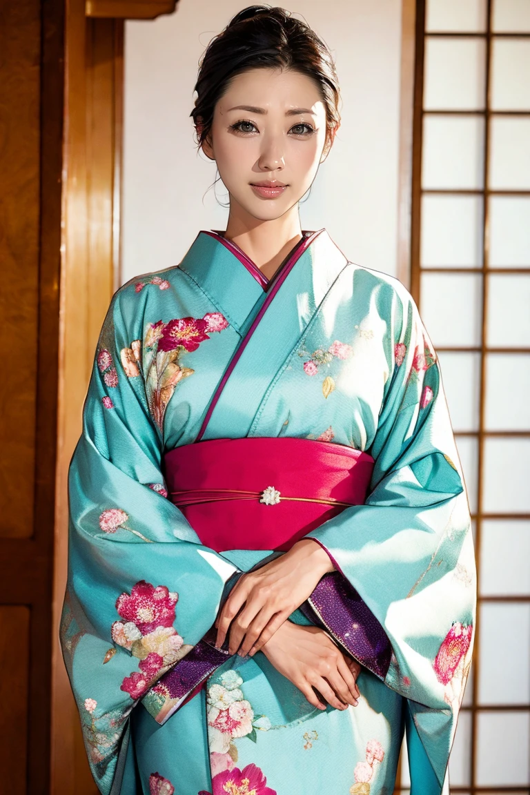 (Highest quality、Tabletop、8K、Best image quality、Award-winning works)、(1 Beautiful Mature Woman:1.1)、(Innkeeper:1.1)、(Elegant floral kimono:1.2)、(A kimono with a perfect and accurate collar:1.2)、Perfect Mature Woman Portrait Photo、Glowing Skin、Standing Elegantly、(Blurred elegant and elaborate perfect Japanese style room background:1.3)、(The most natural and perfect tidy Japanese-style room background:1.2)、Glowing White Skin、Very white skin、(Accentuate your body lines:1.1)、(Standing most elegantly:1.2)、(Large Breasts:1.2)、(A sad look staring at me:1.2)