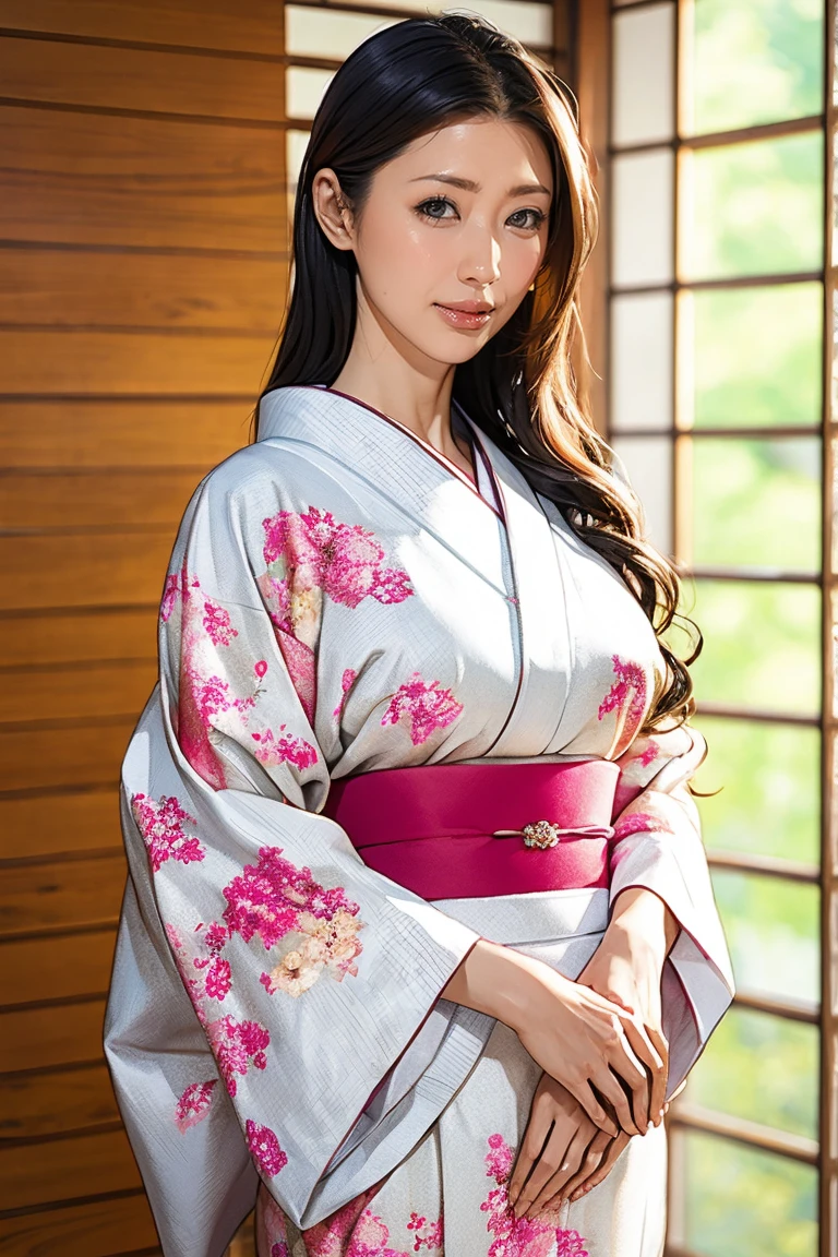 (Highest quality、Tabletop、8K、Best image quality、Award-winning works)、(1 Beautiful Mature Woman:1.1)、(Innkeeper:1.1)、(Elegant floral kimono:1.2)、(A kimono with a perfect and accurate collar:1.2)、Perfect Mature Woman Portrait Photo、Glowing Skin、Standing Elegantly、(Blurred elegant and elaborate perfect Japanese style room background:1.3)、(The most natural and perfect tidy Japanese-style room background:1.2)、Glowing White Skin、Very white skin、(Accentuate your body lines:1.1)、(Standing most elegantly:1.2)、(Large Breasts:1.2)、(A sad look staring at me:1.2)
