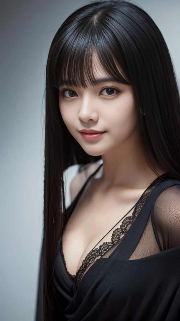 A Korean girl is posing in a photo studio, she wears a goth cat outfit, wavy black hair blowing in the wind. She's a men's magazine model, with a subtle smile, flirting with the camera, (in evening light: 1.2), , perfect eyes, perfect hands, perfect body, perfect hair, perfect chest, hair behind the ear, UHD, Retina, masterpiece, precise, anatomically correct, textured skin, super detailed, high details, good quality, award-winning, best quality, high-res, 16k, 8k. fullbody