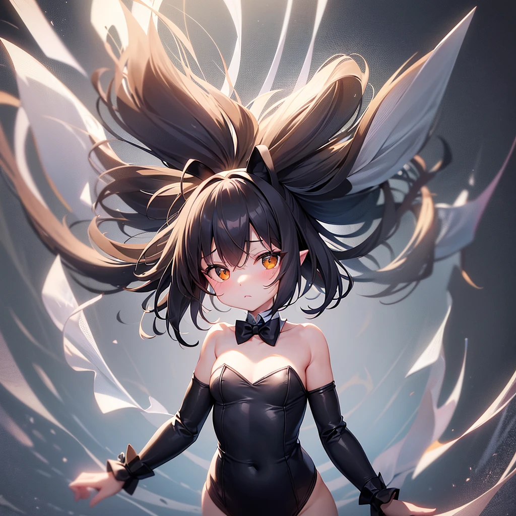 ((Bunny girl)),(Dropped ears),Cute little ,Tiny ,Small girl,,Childish face, Very fine clean face,Top quality,Black Hair,(Dark Room), Subtle light, Natural light,Soft lighting,Light from directly behind, (Are standing),With bust up,Front view,Black background