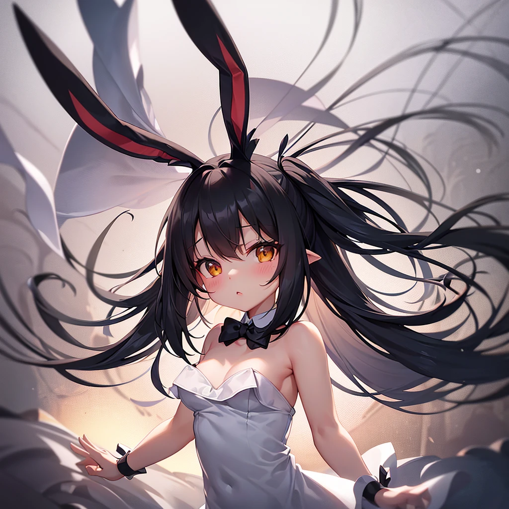 (Bunny girl),Cute little ,Tiny ,Small girl,,Childish face, Very fine clean face,Top quality,Black Hair,(Dark Room), Subtle light, Natural light,Soft lighting,Light from directly behind, (Are standing),With bust up,Front view,Black background