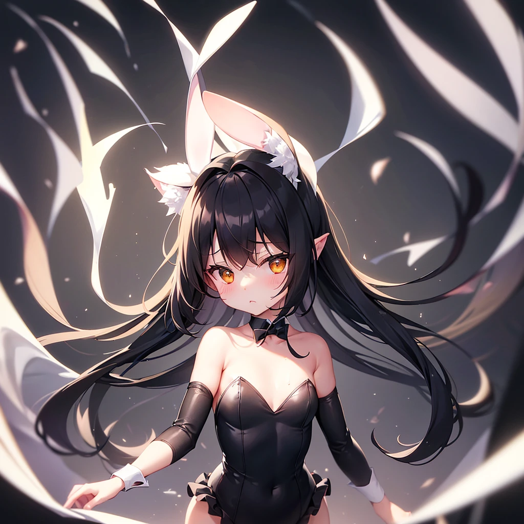 ((Bunny girl)),(Dropped ears),Cute little ,Tiny ,Small girl,,Childish face, Very fine clean face,Top quality,Black Hair,(Dark Room), Subtle light, Natural light,Soft lighting,Light from directly behind, (Are standing),With bust up,Front view,Black background
