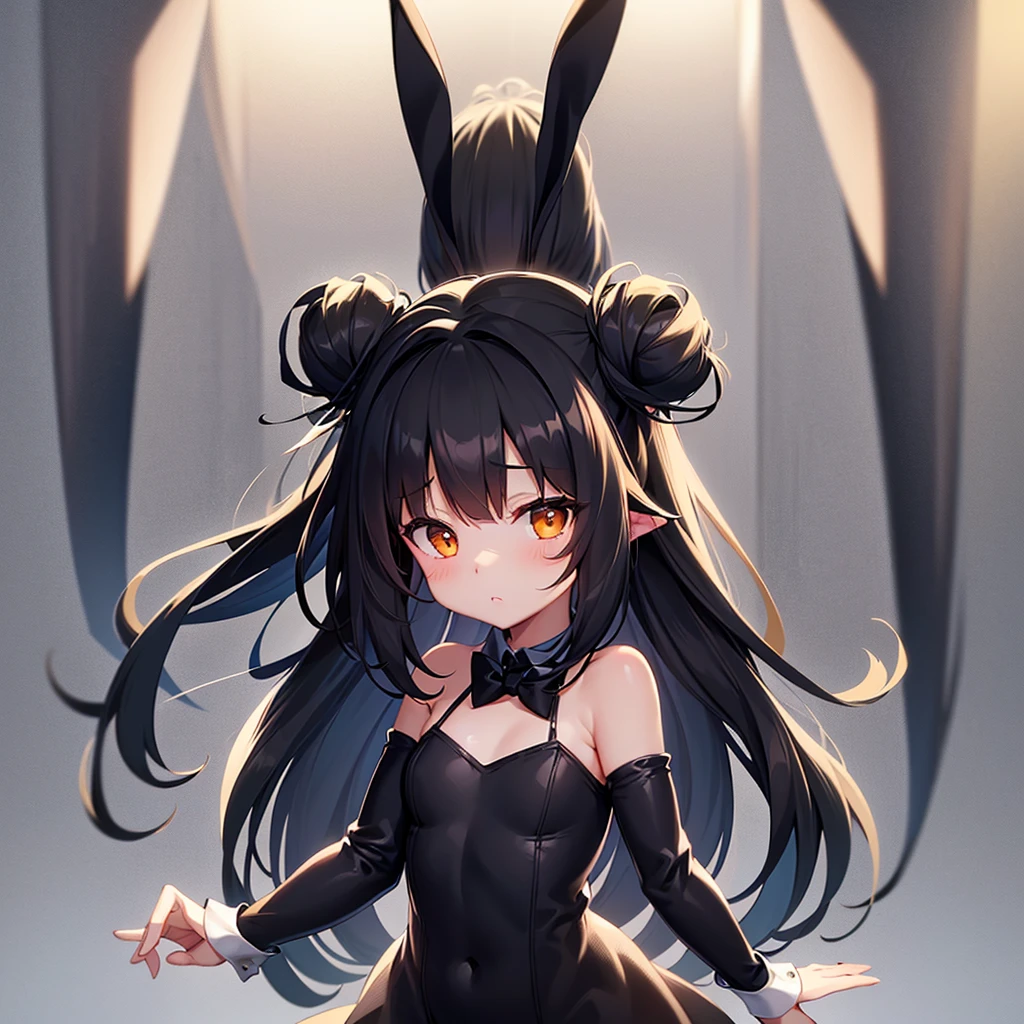 ((Bunny girl)),(Dropped ears),Cute  ,Tiny ,Small ,Childish face, Very fine clean face,Top quality,Black Hair,(Dark Room), Subtle light, Natural light,Soft lighting,Light from directly behind, (Are standing),With bust up,Front view,Black background