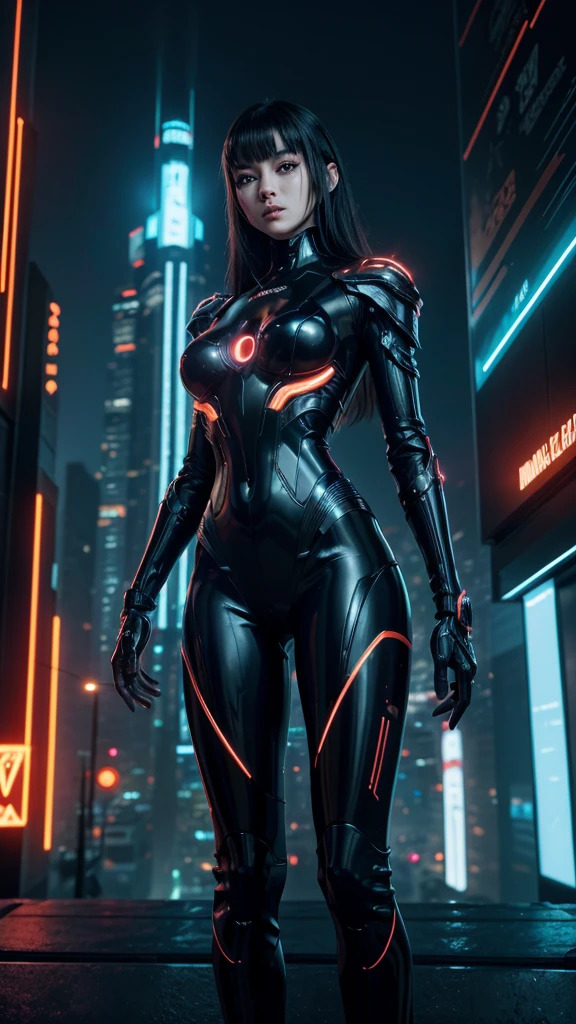 A captivating, high-quality image of a futuristic alien cyborg, featuring a female form dressed in sleek, black metallic armor adorned with vibrant orange accents. The armor is designed with intricate patterns and reflective surfaces, reflecting the neon space lights to create a dynamic, cinematic atmosphere. The cyborg's eyes glow with an otherworldly energy, and her mechanical limbs are seamlessly integrated with her sleek form. The background reveals a neon-lit cityscape, with towering structures and holographic displays, immersing the viewer into the futuristic world., cinematic