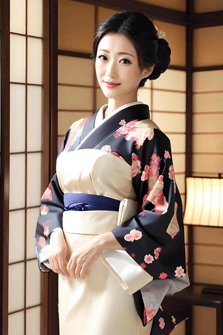 (Highest quality、Tabletop、8K、Best image quality、Award-winning works)、(1 Beautiful Mature Woman:1.1)、(Innkeeper:1.1)、(Elegant floral kimono:1.2)、(A kimono with a perfect and accurate collar:1.2)、Perfect Mature Woman Portrait Photo、Glowing Skin、Standing Elegantly、(Blurred elegant and elaborate perfect Japanese style room background:1.3)、(The most natural and perfect tidy Japanese-style room background:1.2)、(Elegant and luxurious Japanese style room background:1.1)、Glowing White Skin、Very white skin、(Accentuate your body lines:1.1)、(The most elegant posture:1.2)、(Large Breasts:1.2)