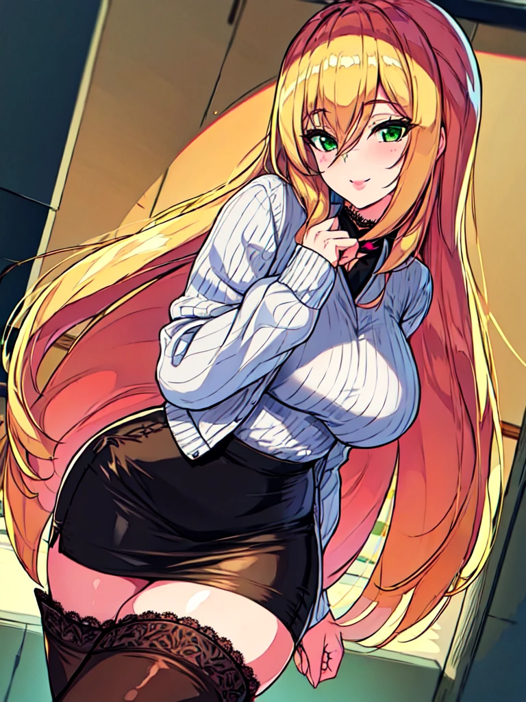 Masterpiece, raw, beautiful art, professional artist, 8k, art style by sciamano240, very detailed face, very detailed hair, 1 woman, perfectly drawn body, beautiful face, long hair, blonde hair, very detailed green eyes, rosey cheeks, intricate details in eyes, playful smile, looking directly at viewer, in love with viewer expression, black chocker, lipstick, wearing cute fall clothes, jacket, sweater, short pencil skirt, thigh boots, sunny day fall
