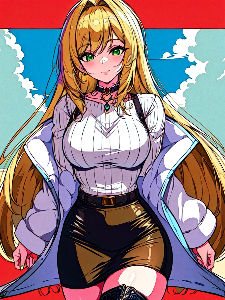 Masterpiece, raw, beautiful art, professional artist, 8k, art style by sciamano240, very detailed face, very detailed hair, 1 woman, perfectly drawn body, beautiful face, long hair, blonde hair, very detailed green eyes, rosey cheeks, intricate details in eyes, playful smile, looking directly at viewer, in love with viewer expression, black chocker, lipstick, wearing cute fall clothes, jacket, sweater, short pencil skirt, thigh boots, sunny day fall