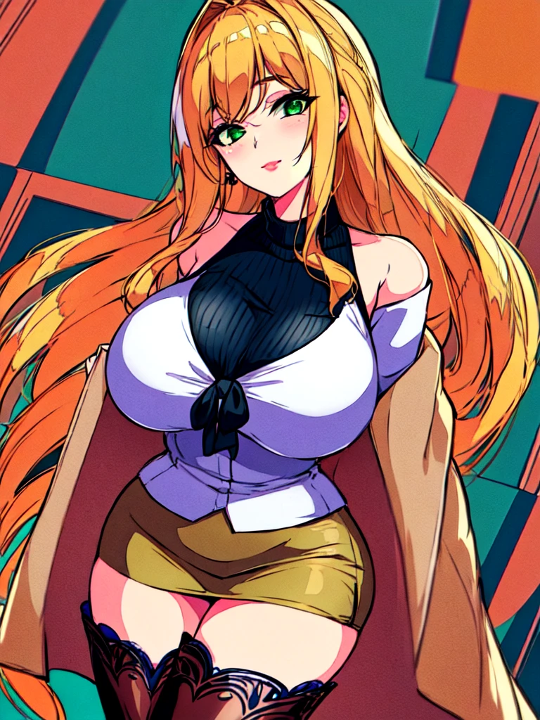 Masterpiece, raw, beautiful art, professional artist, 8k, art style by sciamano240, very detailed face, very detailed hair, 1 woman, perfectly drawn body, beautiful face, long hair, blonde hair, very detailed green eyes, rosey cheeks, intricate details in eyes, playful smile, looking directly at viewer, in love with viewer expression, black chocker, lipstick, wearing cute fall clothes, jacket, sweater, short pencil skirt, thigh boots, sunny day fall